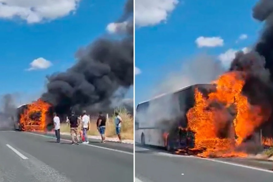 Σοκ: Λεωφορείο τυλίχθηκε στις φλόγες στην Ε.Ο. Θεσσαλονίκης‑Σερρών