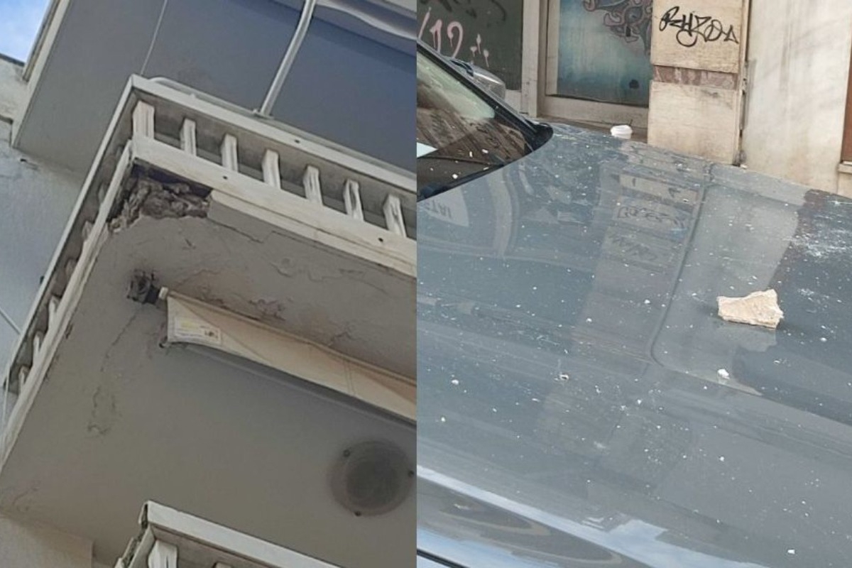 Βόλος: «Έβρεξε» σοβάδες στο κέντρο της πόλης - Τμήμα μπαλκονιού αποκολλήθηκε και έπεσε πάνω σε αμάξι - Ευτυχώς δεν υπήρξε τραυματισμός περαστικών