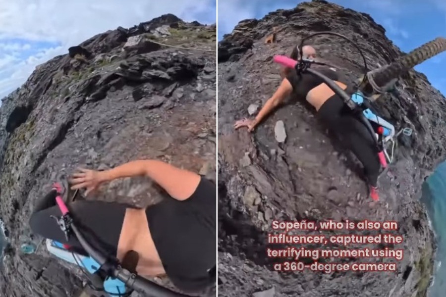 Ποδηλάτισσα στην Ισπανία χάνει τον έλεγχο και στέκεται στο χείλος του γκρεμού ‑ Βίντεο