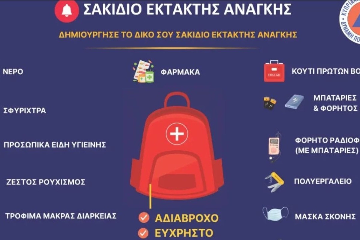 Κύπρος: Καλεί τους πολίτες να δημιουργήσουν σακίδιο έκτακτης ανάγκης - Τα μέτρα αυτοπροστασίας - Το σακίδιο θα πρέπει να περιλαμβάνει τα βασικά είδη όπως τρόφιμα, νερό, πρώτες βοήθειες, καθώς και προσωπικά έγγραφα